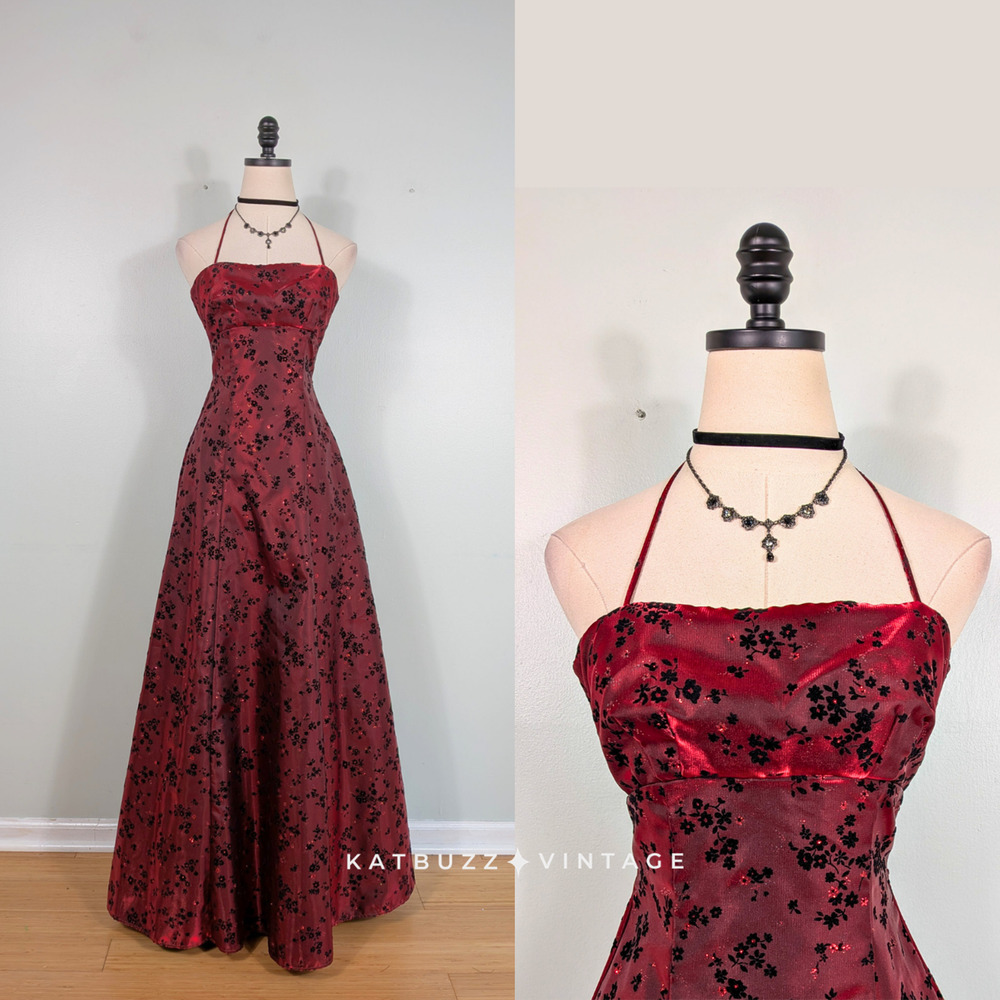 Vintage Prom Dress Maxi Gown 4 Red Black Goth Floral 90s Y2K Velvet Satin Halter